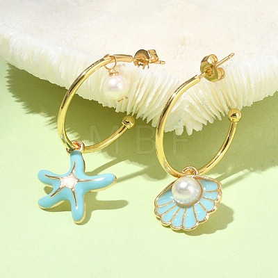 Starfish & Shell Shape Alloy Enamel Asymmetrical Earrings with Natural Pearl EJEW-JE05555-1