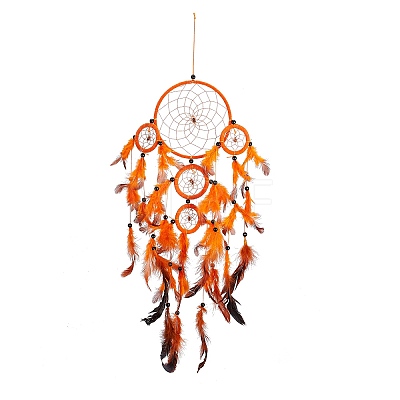 Handmade Round Polyester Woven Net/Web with Feather Wall Hanging Decoration HJEW-G015-01-1