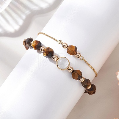 2Pcs 2 Styles Natural Tiger Eye Beaded Bracelets BJEW-JB13009-01-1