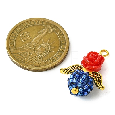 Red Rose Flower Resin & Glass Seed Beads Pendants PALLOY-MZ00289-01-1