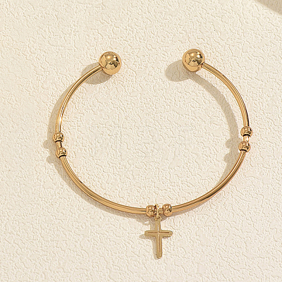201 Stainless Steel Religion Cross Charm Open Cuff Torque Bangles for Women DV6397-3-1