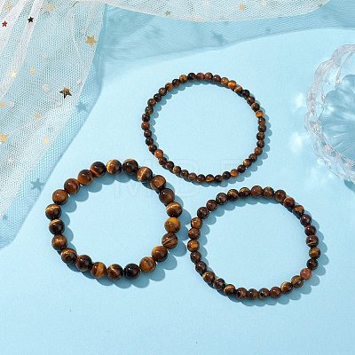 3Pcs Round Natural Tiger Eye Beads Stretch Bracelets BJEW-JB10964-1