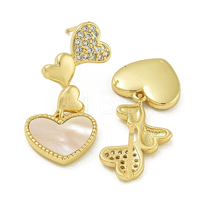 Heart Brass Clear Cubic Zirconia Dangle Stud Earrings EJEW-Q390-07G-1