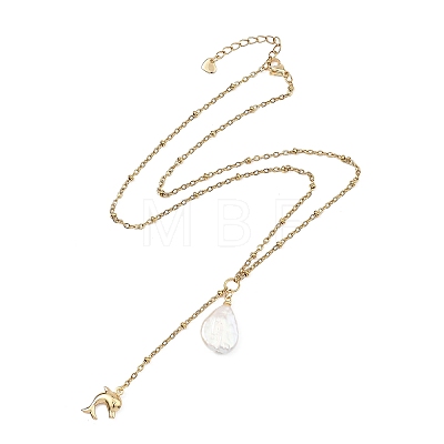 Summer Natural Baroque Keshi Pearl & 304 Stainless Steel Sea Animal Pendant Satellite Chain Y Lariat Necklaces NJEW-JN06049-02-1