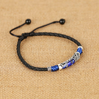 Alloy Blue Enamel Tube Bead & Braided Imitation Leather Cord Adjustable Anklets for Men FS-WG1282E-04-1