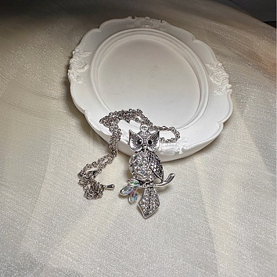Vintage Alloy Crystal Rhinestone Owl Pendant Necklaces WU5085-1