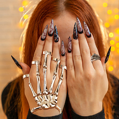 ANATTASOUL Siam Rhinestone Skull Wide Dome & Eagle Claw & Finger Nail Tip Claw Rings & Skeleton Full Hand Ring Bracelet AJEW-AN0007-07-1
