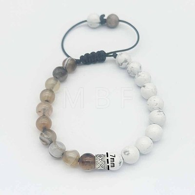 Adjustable Round Natural Howlite & Gray Agate Braided Bead Bracelets for Women Men GP7384-5-1