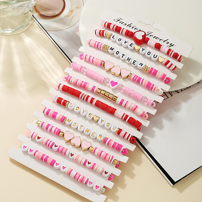 12Pcs Mother's Day Polymer Clay & Plastic & Acrylic & Glass Beaded Stretch Bracelets Set for Women FS-WG6B295-07-1