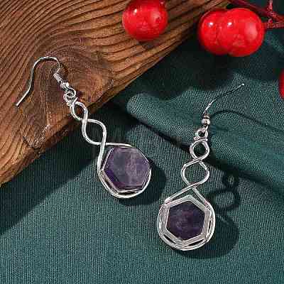 Hexagon Natural Amethyst Dangle Earrings EJEW-K298-01P-01-1