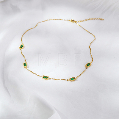 Elegant 304 Stainless Steel Pave Rectangle Green Cubic Zirconia Link Chain Necklaces for Women FB8248-2-1