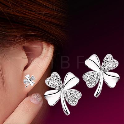 Real Platinum Plated Brass Four Leaf Clover Stud Earrings EJEW-EE0001-231-1