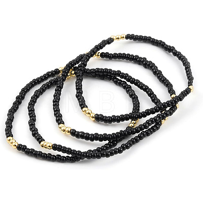 Brass & Black Glass Seed Beaded Stretch Bracelet Sets GV0095-1