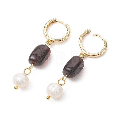 Round Natural Amber & Natural Cultured Freshwater Pearl Hoop Earrings EJEW-JE06998-1