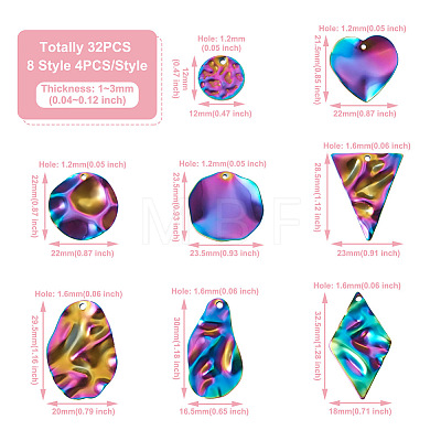 Craftdady 32Pcs 8 Style Rainbow Color 304 Stainless Steel Pendants STAS-CD0001-28-1