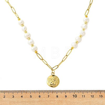 304 Stainless Steel Angel Coin Pendant Paperclip Chain & Potato Natural Pearl Beaded Necklaces for Women NJEW-JN06053-1