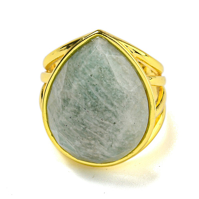 Teardrop Natural Amazonite Open Cuff Rings RJEW-C087-01G-02-1