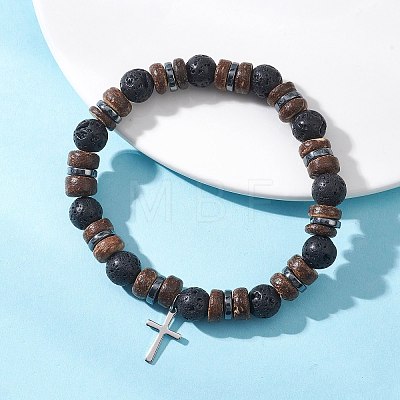 2Pcs Adjustable Natural Coconut & Lava Rock & Synthetic Lava Rock Beads Stretch Bracelets BJEW-JB13285-1