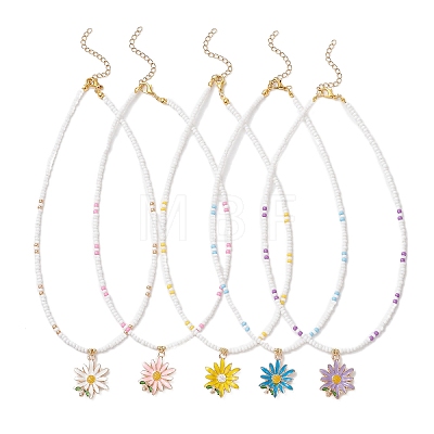Summer Alloy Enamel Flower Pendant Glass Seed Beaded Necklaces for Women NJEW-MZ00151-1