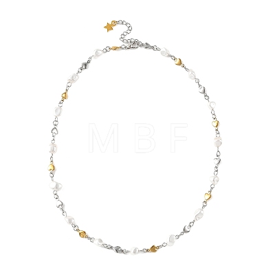 Shell Pearl Nuggets Beads & 304 Stainless Steel Heart Link Chains Necklaces NJEW-JN06363-1