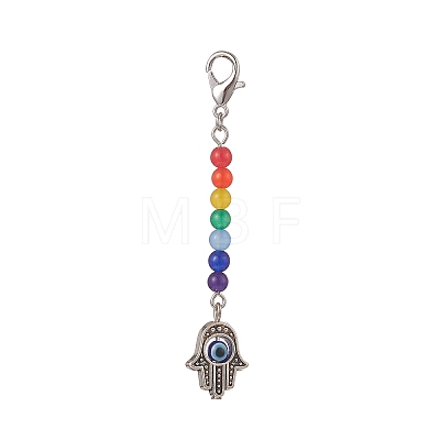 Alloy Hamsa Hand with Natural Dyed Malaysia Round Beaded Pendant Decoration HJEW-JM00941-1
