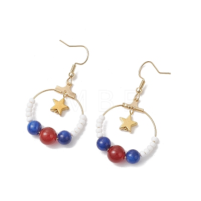 Independence Day 3 Pairs 3 Styles Natural Mashan Jade & Natural Carnelian & Natural White Jade & Natural Yellow Jade & Natural Malaysia Jade & Glass Seed Beaded & Brass Dangle Earrings EJEW-MZ00720-1