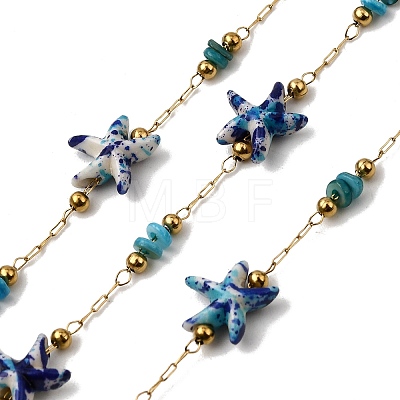 Handmade 304 Stainless Steel Synthetic Turquoise Starfish Link Chains CHS-L032-13G-01-1
