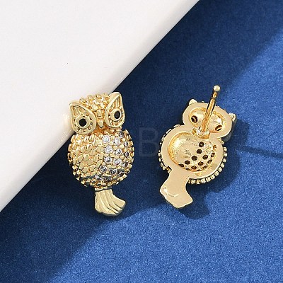 Brass Micro Pave Clear Cubic Zirconia Owl Stud Earrings EJEW-F400-15G-1