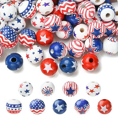 90Pcs 9 Styles Printed Wood European Beads WOOD-CJ0002-69-1