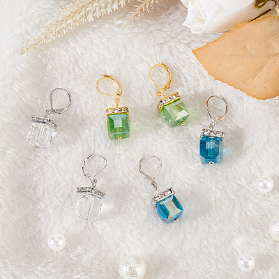 3 Pairs 3 Colors Bling Glass Cube Dangle Leverback Earrings EJEW-AN0002-81-1