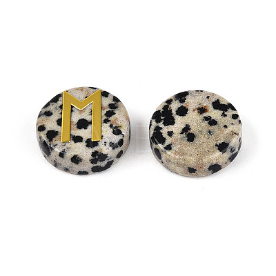 Brass Elder Futhark Alphabet Engraved Symbol Flat Round Natural Dalmatian Jasper Rune Stones G-I373-01D-1
