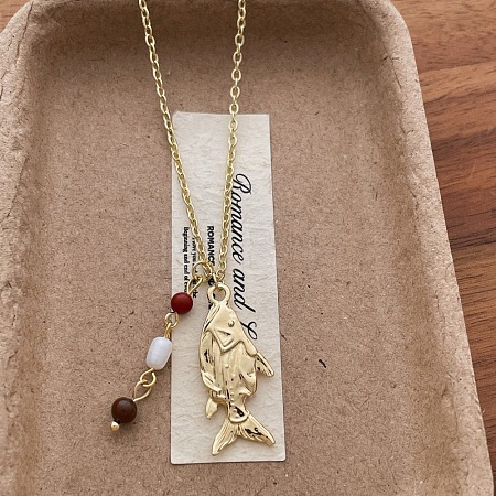Vintage Alloy Fish Pendant Necklaces with Plastic & Glass Beads Tassel WG3AD88-01-1