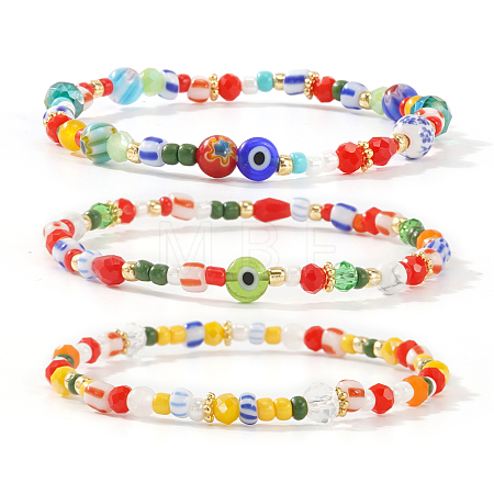 3Pcs 3 Styles Bohemian Handmade Lampwork & Glass Evil Eye Beaded Stretch Bracelet Sets JV1466-1