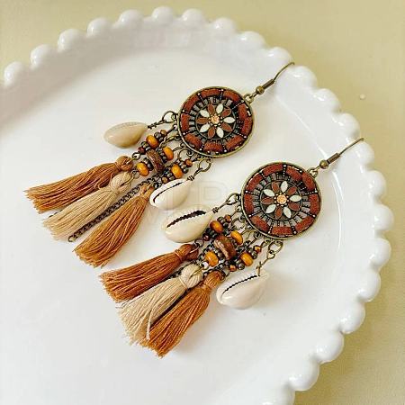 Bohemian Alloy Enamel & Wood & Resin Tassel Chandelier Earrings for Women WGE613F-03-1