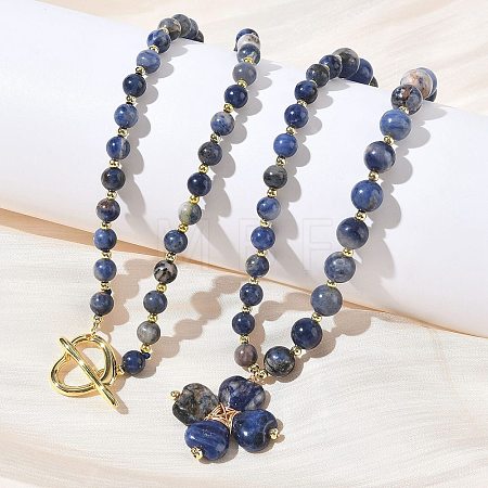 Saint Patrick's Day Natural Sodalite Clover Pendant Round Beaded Necklaces with Brall Heart OT Clasps NJEW-G202-02G-05-1
