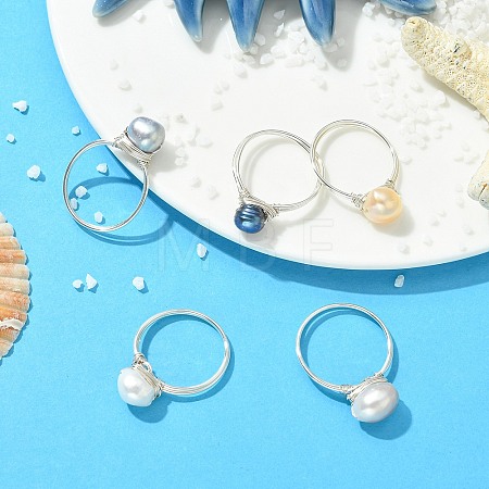Copper Wired Natural Pearl Finger Rings RJEW-JR01037-1