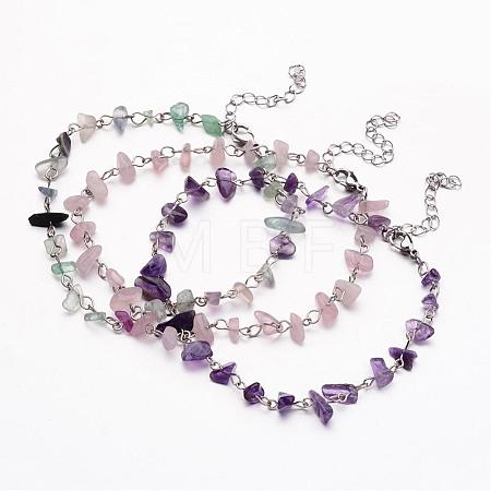 Natural Gemstone Chip Beaded Anklets AJEW-AN00175-1