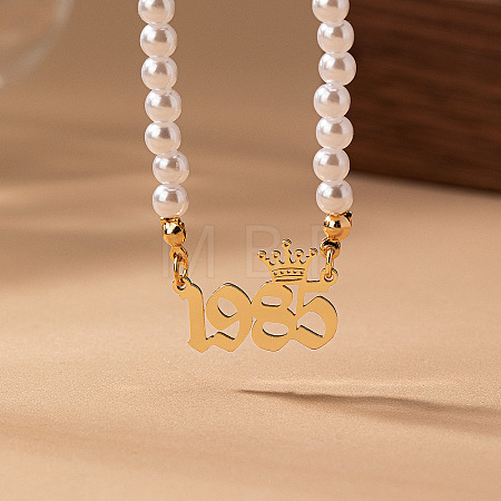 Alloy Crown Birth Year Pendant Imitation Pearl Round White Beaded Necklaces for Women FS-WG173C9-25-1