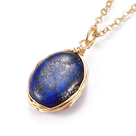 Natural Lapis Lazuli Wire Wrapped Pendant Necklaces NJEW-JN03080-03-1