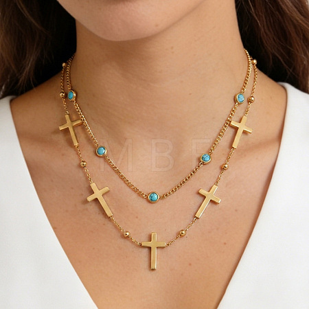 304 Stainless Steel Cross Link Chain Double Layer Necklaces for Women WGC9DBF-01-1