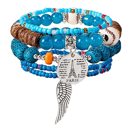 5Pcs 5 Style Wood & Glass Seed & Acrylic Beaded Stretch Bracelets Set with Baseball JB709A-1