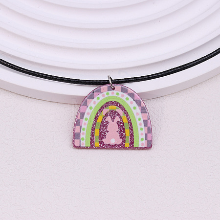 Colorful Happy Easter Acrylic Plaid Pendant Black Waxed Cord Necklaces for Women FS-WGC6641-03-1