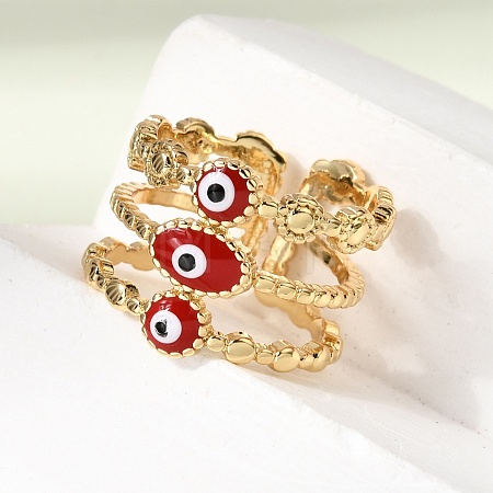 Brass Enamel Evil Eye Open Cuff Rings for Women RJEW-L339-01G-01-1