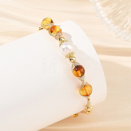 Round Natural Amber Herringbone Wire-Wrapped Cuff Bangles BJEW-JB14502-1