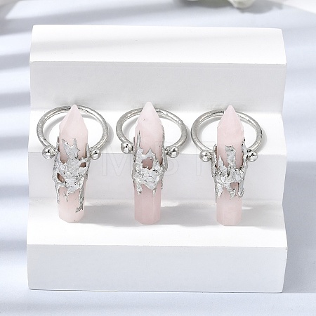 Natural Rose Quartz & Brass Cuff Rings for Women RJEW-G374-01P-10-1