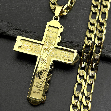 304 Stainless Steel Jesus Cross Pendant Necklaces NJEW-B153-01G-1