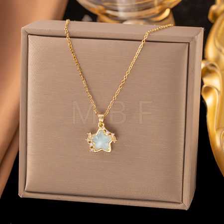Brass Micro Pave Clear Cubic Zirconia & Glass Star Pendant 304 Stainless Steel Cable Chain Necklaces for Women WG3E06A-01-1