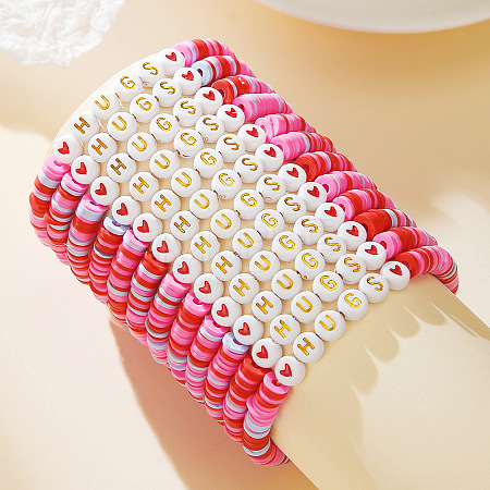 12Pcs Valentine's Day Polymer Clay & Acrylic Beaded Stretch Bracelets Set for Women FS-WG6B295-03-1