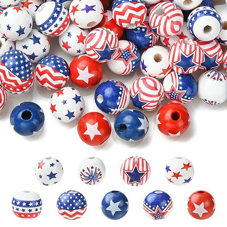 90Pcs 9 Styles Printed Wood European Beads WOOD-CJ0002-69-1