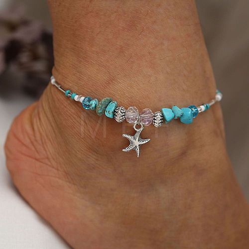 Synthetic Turquoise Chips Beads Anklets WGE754A-01-1